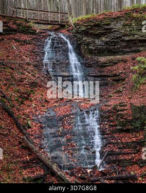 Lange Exposition eines rauschenden Herbstwasserfalls umgeben von leuchtenden Herbstfarben, mit einer hölzernen Fußgängerbrücke über den Bach in einer waldreichen Umgebung Stockfoto