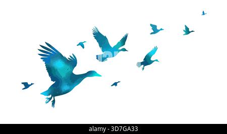 Eine Herde blauer Enten, die fliegen. Handzeichnung. Nicht AI. Vektorabbildung Stock Vektor