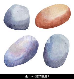 Aquarellset mit glatten grauen und orangen Steinen und Felsen. Handgezeichnete natürliche Mineralsammlung auf weißem Hintergrund. Organische Erdelemente für Zen-Garten und minimalistisches Design Stockfoto