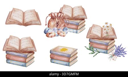 Ein Satz von Aquarellmagischen Büchern, die in einem Stapel von Grimoires mit offenen Seiten gestapelt sind, schafft gemütliche, mystische Illustration. Runen und Tasche für Wahrsagung. Kamille und Lavendelkräuter isoliert auf weißem Hintergrund Stockfoto