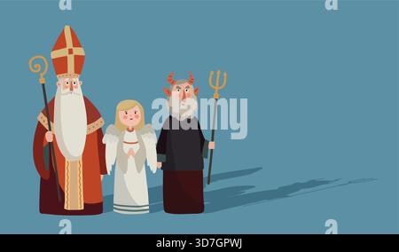 Niedlicher handgezeichneter Heiliger Nikolaus, Engel, Teufel. Grußkarte zum Nikolaustag, Einladung. Hintergrund der Wintersaison. Tschechische Mikulas, Niederländisch Sinterklaas Stock Vektor