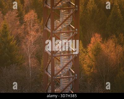Detailansicht eines Aussichtsturms von unten mit herbstlicher Umgebung, Aussichtsturm hohe Warte, Hohenwart, Pforzheim, Deutschland Stockfoto