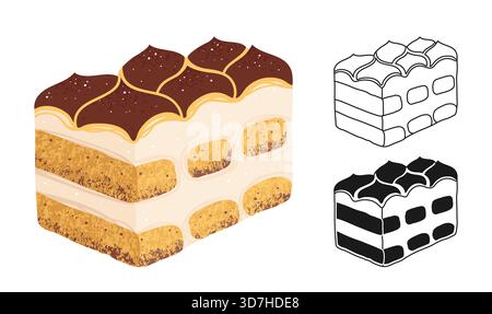 Tiramisu-Dessertscheibe mit Kakao und Sahne, handgezeichnetes Textursymbol-Zeichentrickset. Süßes italienisches Dessert lineares Doodle-Symbol. Abstrakter Tiramisu-Kuchen einfaches stilisiertes Zeichen Vektor-Illustration Stock Vektor