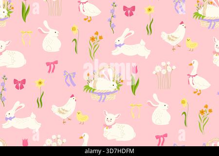 Happy Easter Comic Tierfiguren Vektor nahtlose Muster. Cartoon Osterhase Hase im Korb Huhn Küken Gänselamm entzückendes Tier grenzenloser Hintergrund endloses Design Wrapper Hintergrund Vorlage Stock Vektor