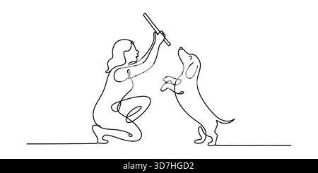 Einzeilige Zeichnung einer Frau, die spielerisch mit ihrem Hund spielt Stock Vektor