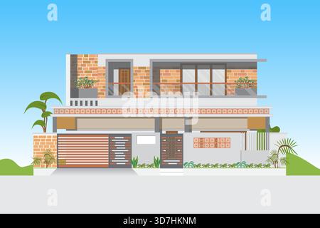 Modernes Hausdesign mit Ziegelmauer und Zaun auf blauem Himmel Hintergrund. Stock Vektor