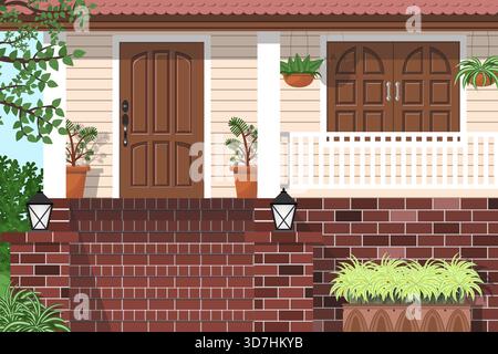 Vorgarten mit gemauerter Treppe und Holztür und Fenster. Stock Vektor