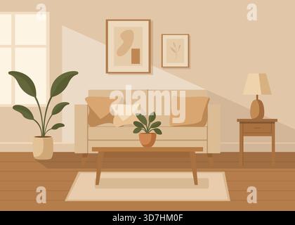 Ein Wohnzimmer in einem beigefarbenen minimalistischen Stil mit einem Sofa und Bildern an der Wand. Stock Vektor