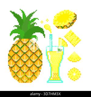 Ananas Set Vektor mit geschnitten und Saft im Pixelspiel auf weißem Hintergrund. Stock Vektor