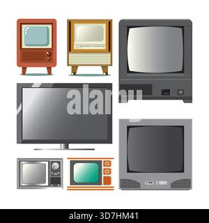 Sammlung von alten bis modernen Fernsehern, von Holzfernseher aus den 1950er Jahren bis hin zu modernen Fernsehern auf weißem Hintergrund. Stock Vektor