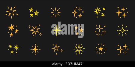 Handgezeichneter Stern, Hintergrund, Elementlinie, Symbolsatz. Niedliche goldene Sternform funkelnde Glitzer Glanzstift Textur Pinsel Symbol. Handgezeichnete Sketch-Kritzelei. Gelbe Kreide Dekoration Vektor Illustration Stock Vektor
