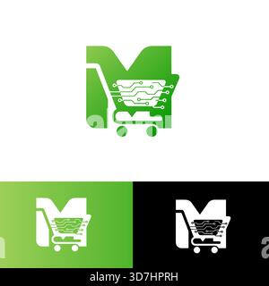 M Letter Warenkorb Shopping Logo, Shopping App, Warenkorb Logo, Sale Logo, Einzelhandelsunternehmen Logo, E-Commerce-Logo, Korb, Shop, Tech Cart, Quick Commerce Stock Vektor