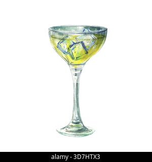 Limonade- oder Limoncello-Glas mit Eiswürfeln. Getränk mit gelbem Getränk. Traditioneller italienischer alkoholischer Likör aus Zitronen. Aquarellhand Stockfoto