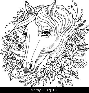 Handgezeichnetes Vektorpferd mit floralen Elementen, elegante Strichkunst für 2026 Symbol. Perfekt zum Ausmalen von Seiten, Zodiac-Themen, Poster, Drucke und Basteln Stock Vektor