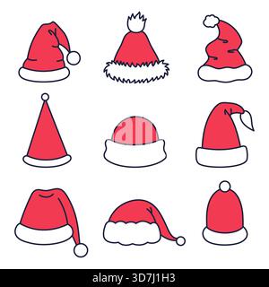 Weihnachtsmann Hüte Set Vektor Illustration. Umrissene Weihnachtsdekoration im Doodle-Stil, festliche Ikonen für Design. Handgezeichnete Zeichentrickkollektion Stock Vektor