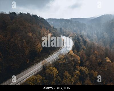 Kurvenreiche Bergstraße schlängelt sich durch das nebelige Herbstwaldtal Stockfoto