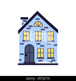 Ein bezauberndes blaues Haus mit warmen gelben Lichtern in den Fenstern steht im Vordergrund. Schnee liegt auf dem Dach und unterstreicht die gemütliche Atmosphäre Stock Vektor