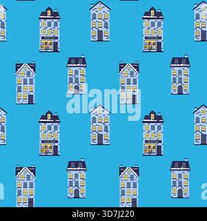 Eine Sammlung stilisierter Häuser mit bunten Fenstern ist ordentlich auf einem hellblauen Hintergrund angeordnet. Das Design verfügt über verschiedene Hausformen, die verbessert werden Stock Vektor
