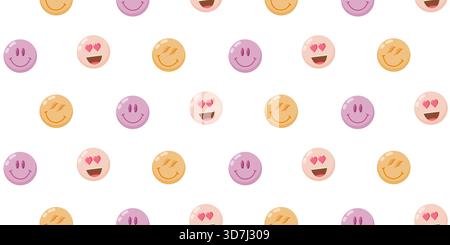 Ein fröhliches nahtloses Vektormuster mit farbenfrohen Emoji-Gesichtern, einschließlich lächelnden Gesichtern und Gesichtern mit Herzaugen in sanften Pastelltönen, reflektiert 9 Stock Vektor