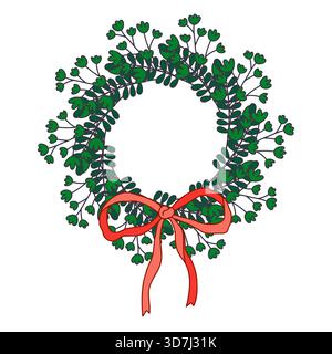 Ein bezaubernder Vektorkranz mit einer üppigen Anordnung aus zartem grünem Laub und Ästen, die unten mit einer fließenden roten Schleife gebunden sind. Dies na Stock Vektor