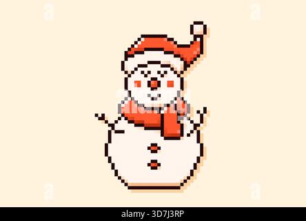 Pixelart Weihnachtsschneemann in Schal und Weihnachtsmann Hut. Stock Vektor