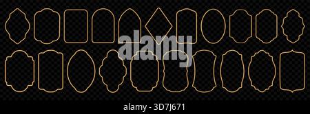 Goldener 3D-Rahmen, Bogen, Fenster, Fotorahmen. Im orientalischen Stil glänzende, realistische islamische Fenster, Spielportal, magische Tür. Vektor indische Grenze Stock Vektor