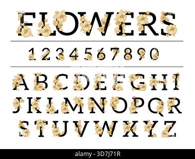 Elegante Schriftart mit Blumenelementen. Dekoratives Vintage-Zahlen- und Buchstabendesign, sanftes Alphabet mit Blütenblumen, goldenes botanisches Ornament isoliert Stock Vektor