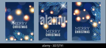 Weihnachtsgirlanden-Karten. Realistischer Winterhintergrund blaue Tannenzweige, vertikale Poster Sammlung, frohe Weihnachtsfeier, Einladung und Stock Vektor