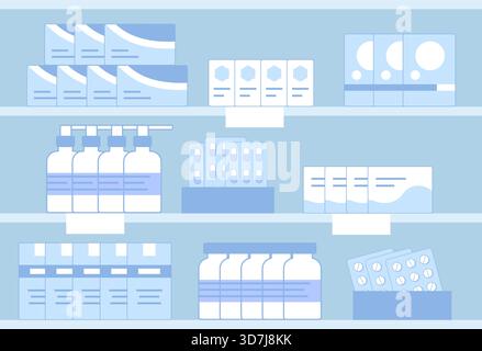 Apothekenregale mit Medikamenten, Kisten, Gläsern, Pillen in Blistern, Flaschen. Einfarbiger, flacher Hintergrund. Stock Vektor
