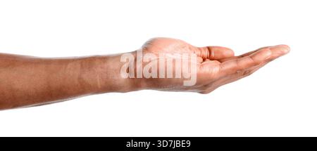 afroamerikaner, der etwas auf weißem Hintergrund hält, Nahaufnahme Stockfoto