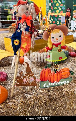 Herbst- und Halloween-Dekorationen in einem Geschäft mit Vogelscheuchen, Kürbissen und dem Wort „Willkommen“ auf einem Schild. Erntezeit, Herbstfeste. Stockfoto