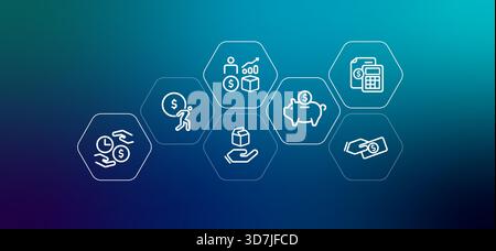 Kakeibo Japanische Budgetierungssymbole bedeuten, dass Sie Geld sparen, Investitionsausgaben aufzeichnen, Zeit und Finanzwachstum verfolgen, persönliche Finanzen und Vermögensverwaltung verwalten Stock Vektor