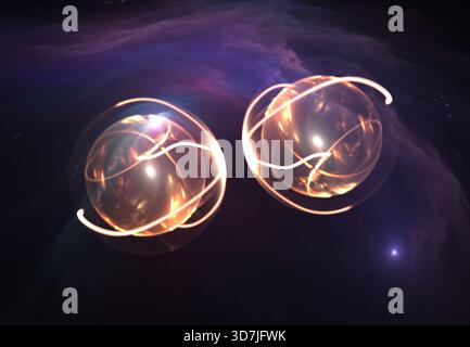 Partikel, Quantenverschränkung (Quantenkorrelation), Quantenmechanik. Fraktale Kunst. 3D-Illustration Stockfoto