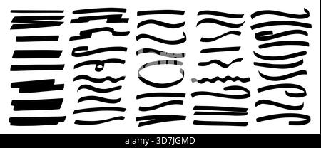 Grunge Hand Zuglinien Vektor-Illustration. Unterstreichen Sie Typografie-Strich, Kritzeleien, Kurven. Stiftstriche durchgestrichen. Auffällige Freihandformen mit Doodle. Stock Vektor