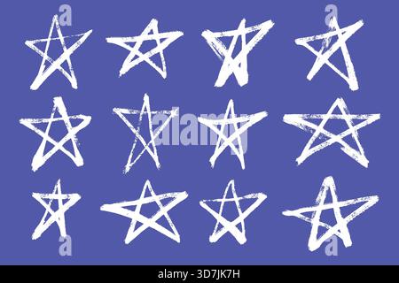 Sammlung von Grunge Charcoal and Pencil Pentagram Collection. Handgezeichnete Kritzelsterne mit strukturierten Pinsellinien. Kreatives Design mit Hexerei. Retro Stock Vektor