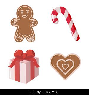 Set mit vier festlichen Illustrationen Lebkuchenmann mit Glasur, rotem und weißem Zuckerrohr, gewickeltem Geschenk mit roter Schleife und herzförmigem Lebkuchenkeks Stock Vektor