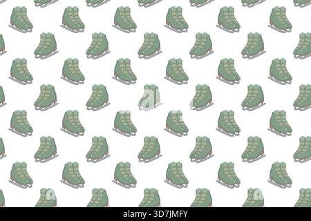 Nahtloses Muster grüner Schlittschuhe mit braunen Schnürsenkeln und silbernen Klingen, diagonal auf weißem Hintergrund angeordnet. Design mit Wintermotiv Stock Vektor
