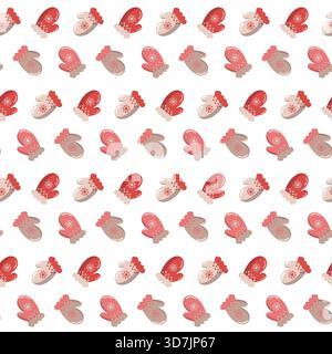 Nahtloses Wintermuster aus roten, rosa und beigen Fäustlingen mit Schneeflockenmuster und Muschelbündchen. Diagonales Layout auf weißem Hintergrund Stock Vektor