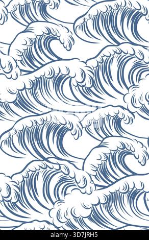 Nahtloses Vektor-Muster mit stilisierten stürmischen Meereswellen in handgezeichnetem Stil. Textur mit blauen monochromen Bewegungswellen für Tapeten und Textilien Stock Vektor