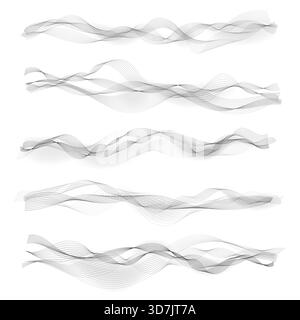 Design-Vorlage für musikalische Schallwellen. Dynamische Musik, fließende Linien. Set aus Form und Linienkurve. Stock Vektor