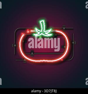Eine leuchtende Neon-Tomatenillustration mit einem leuchtend roten Umriss und einem hellgrünen Stiel vor dunklem Hintergrund. Diese moderne Vektorkunst bringt einen Stock Vektor