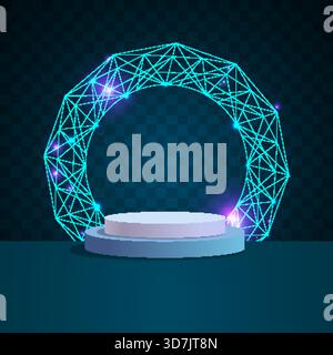 Eine futuristische 3D-Podiumsszene mit einem leuchtenden digitalen Netzwerkkreis aus verbundenen Linien und Punkten auf einem dunkelblauen technischen Hintergrund. Dieses moderne t Stock Vektor