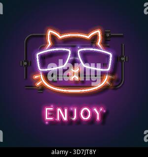 Eine lebendige Illustration im Neonstil eines Katzengesichts mit großer Sonnenbrille, leuchtend in leuchtendem Orange und lila Licht, mit dem Wort „GENIESSEN“ in auffälligem pi Stock Vektor