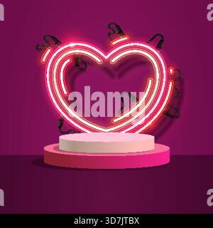 Ein leuchtender Leuchtrahmen aus Neonlicht hinter einem runden Podium auf rosa Hintergrund. Dieses romantische und moderne Design ist perfekt für den Valentinstag Stock Vektor