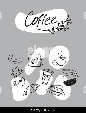 Poster für ein Café mit flachem Design. Eine Tasse Cappuccino, ein Croissant und ein Kuchen auf grauem Hintergrund. Stock Vektor