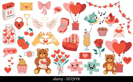 Set mit niedlichen Zeichentrickelementen für den Happy Valentinstag mit Herzen, Engelsflügeln, Geschenken, Teddybären, Rosen, Vögel, Süßigkeiten, Cupcake, Milchcocktail und Stock Vektor