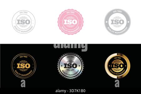 Qualitätsmanagement ISO 9001-zertifiziertes Abzeichen – Standard-Konformitätssiegel, Stempel für industrielle Qualitätssicherung, Symbol und Vektoretikett Stock Vektor