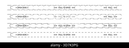 Perforierte Reißstreifen mit Rahmenlinien für die hier geöffnete Paketanleitung, Vektorvorlagen. Ziehen Sie zum Öffnen der Reißstreifen für Papieretiketten von Kartonverpackungen oder Umschlagöffnungen, um sichere Verschlüsse zu öffnen Stock Vektor