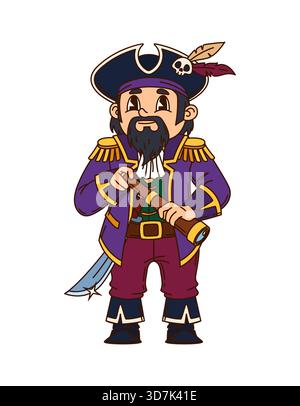 Korsair Piratenbesatzungskapitän mit Spyglass-Zeichentrickfigur. Lustiges Piratenmaskottchen, Korsair isolierter Vektorcharakter. Seemann-Kapitän oder Kämpferfigur trägt Tricorn-Hut mit Schädel und Federn Stock Vektor