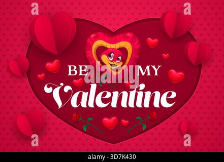Papier geschnittene Valentinstag-Banner mit lustiger Schlange, Herzen und Blumen, Vektor-Grußkarte. Sei mein Valentinstag-Zitat für einen Liebesurlaub mit fröhlicher roter Schlange im papiergeschnittenen Herzgestell mit Rosenblumen Stock Vektor
